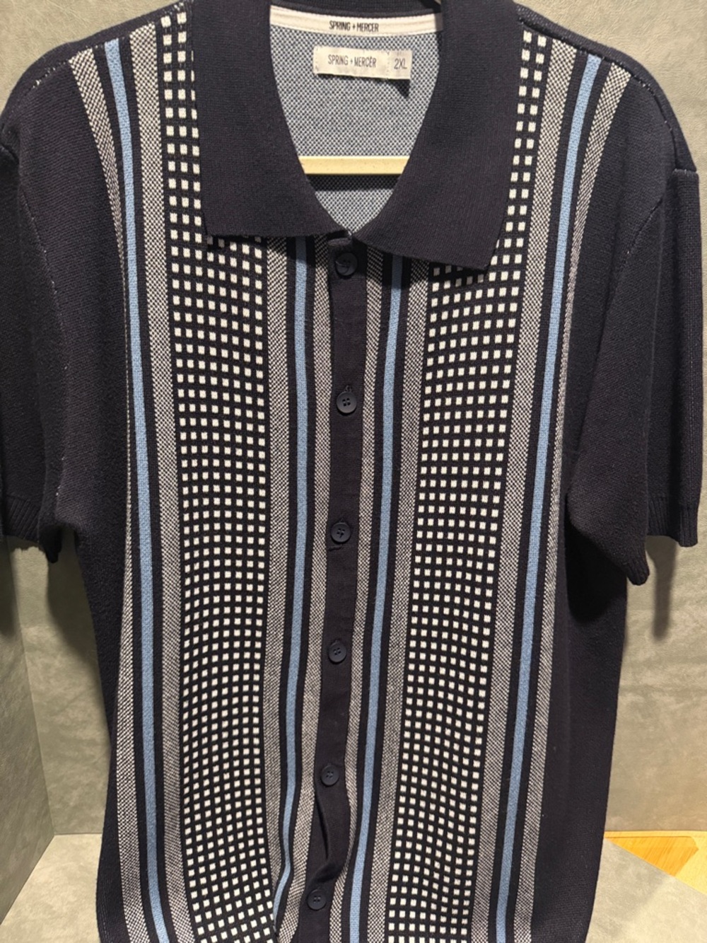 Men's Navy Short-Sleeve Button Down Polo with Blue & White Stripes